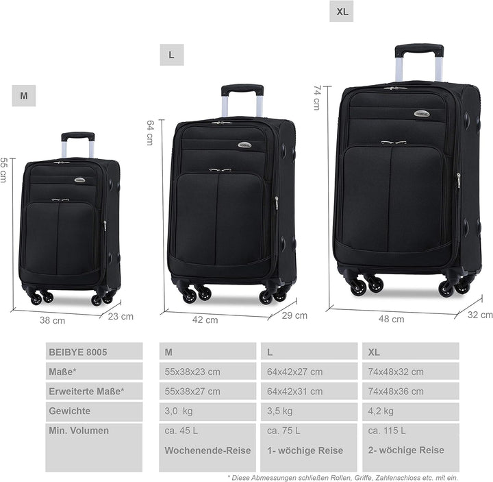 BEIBYE 4 Rollen Reisekoffer 3tlg.Stoffkoffer Handgepäck Kindergepäck Gepäck Koffer Trolley Set-XL-L-
