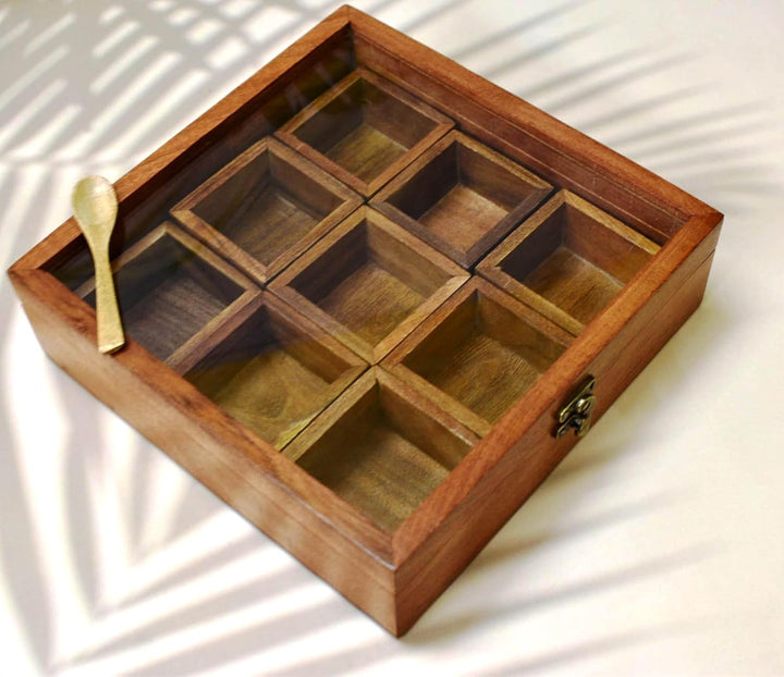 Wooden Spice Box with Glass Lid – 9-Compartment Masala Dabba Organizer with Spoon – Spice Storage Co