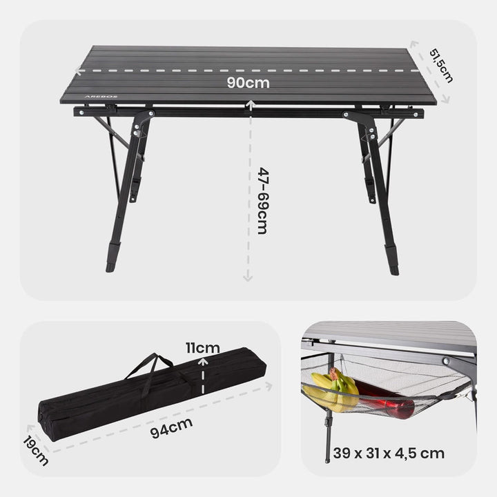 Arebos Campingtisch faltbar 90 x 51,5 cm | Klapptisch höhenverstellbar 47-69 cm | Camping Zubehör, G