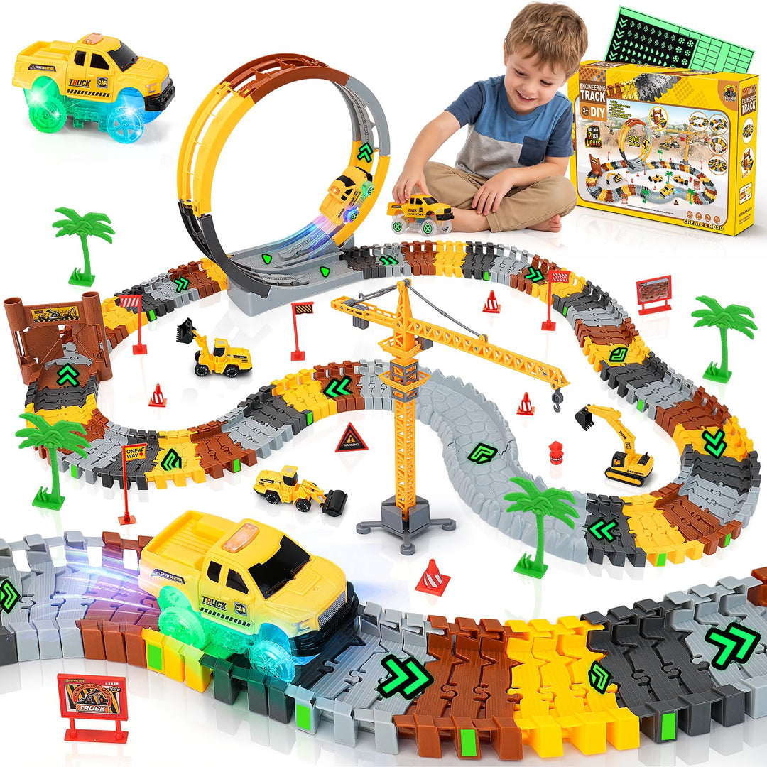 Autorennbahn ab 4 5 6 7 8 Jahre, Flexibles DIY Gleis-Set Flexible Track Kran Spiele (360° Autorennba