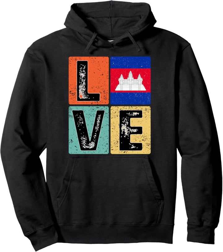 Vintage Retro I Love Cambodia Flag for Cambodian Pride Pullover Hoodie
