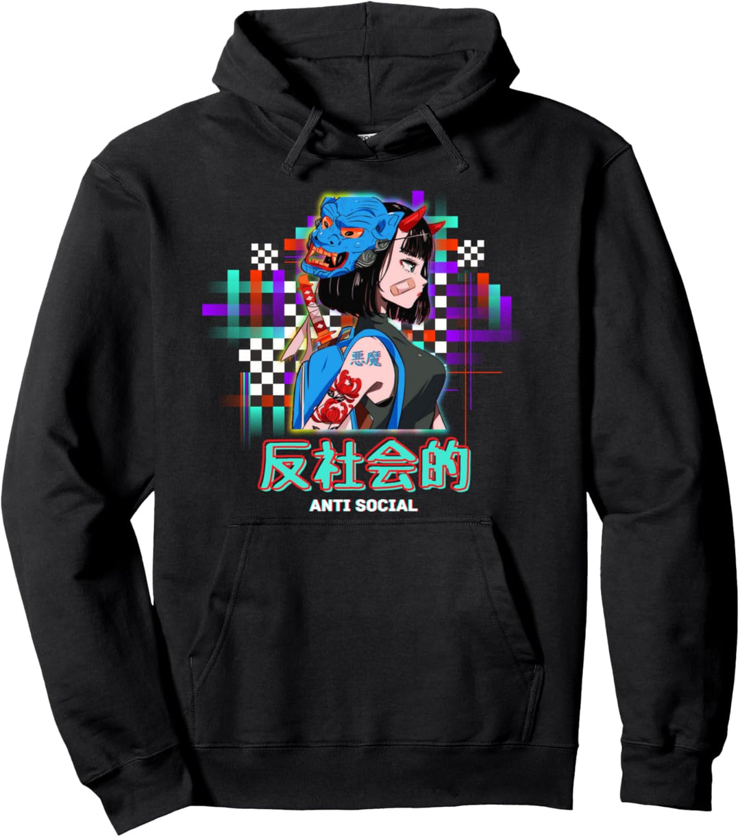 Antisozialer japanischer Text Vaporwave Aesthetic Oni Demon Pullover Hoodie