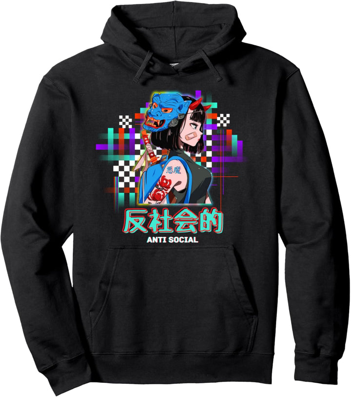 Antisozialer japanischer Text Vaporwave Aesthetic Oni Demon Pullover Hoodie