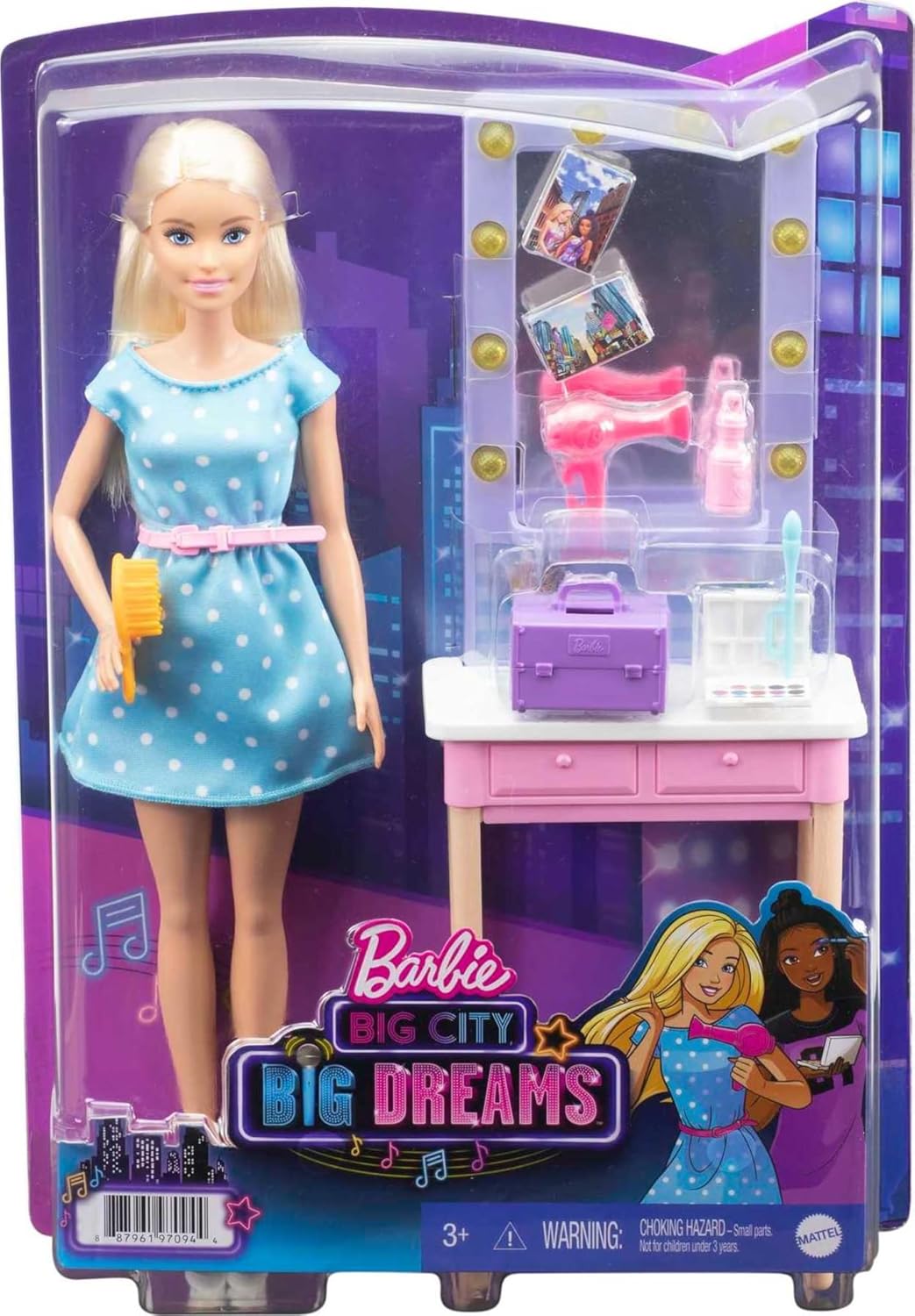 Barbie GYG39 - „Bühne Frei für grosse Träume“ Malibu Puppe (ca. 30 cm gross) mit Backstage-Schminkti