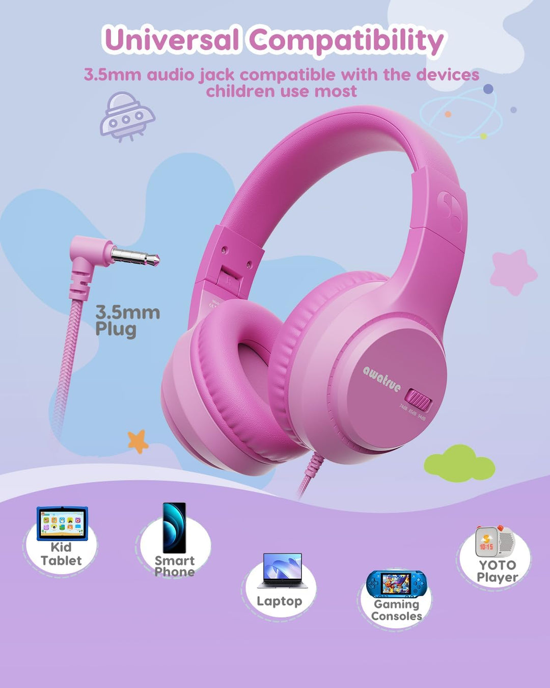 Kinder Kopfhörer, 74/85/94dB Sichere Lautstärke Kopfhörer Kinder mit Kabel, Stereo Sound, Faltbare,