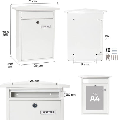 Arregui Home E5711 Individueller Briefkasten aus Stahl, Grösse M (DIN A4), Weiss, Weiss