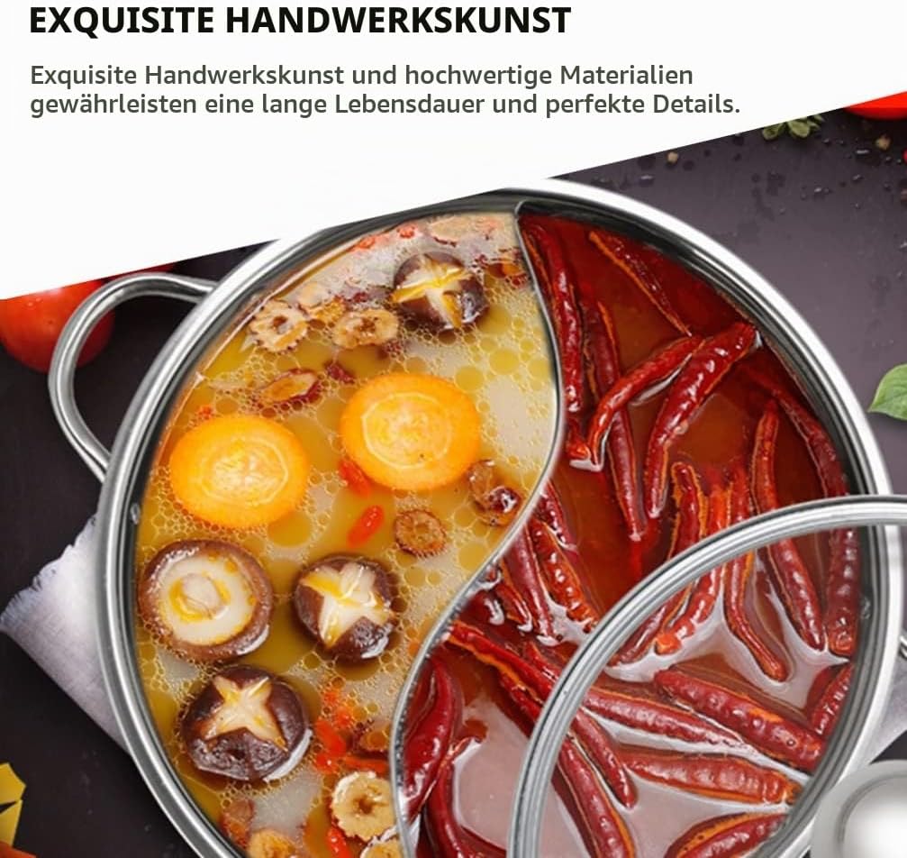 BESTonZON Edelstahl Hot Pot mit Trennwand, 32cm Geteilter Shabu Shabu Topf für Induktion &amp; Gasherd,