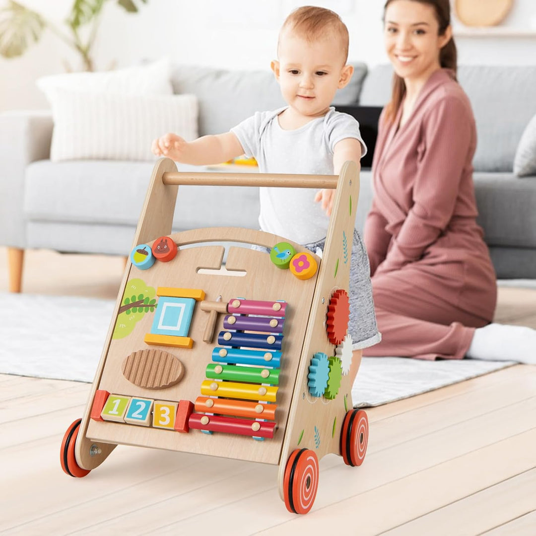 COSTWAY Lauflernhilfe Holz, Baby Lauflernwagen mit Griff, Stauraum und Rädern zum Schieben und Ziehe