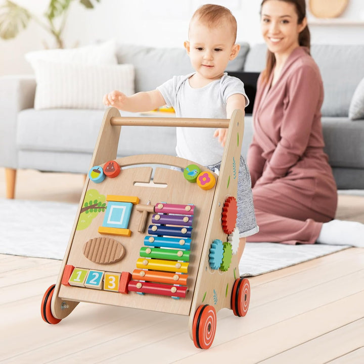 COSTWAY Lauflernhilfe Holz, Baby Lauflernwagen mit Griff, Stauraum und Rädern zum Schieben und Ziehe