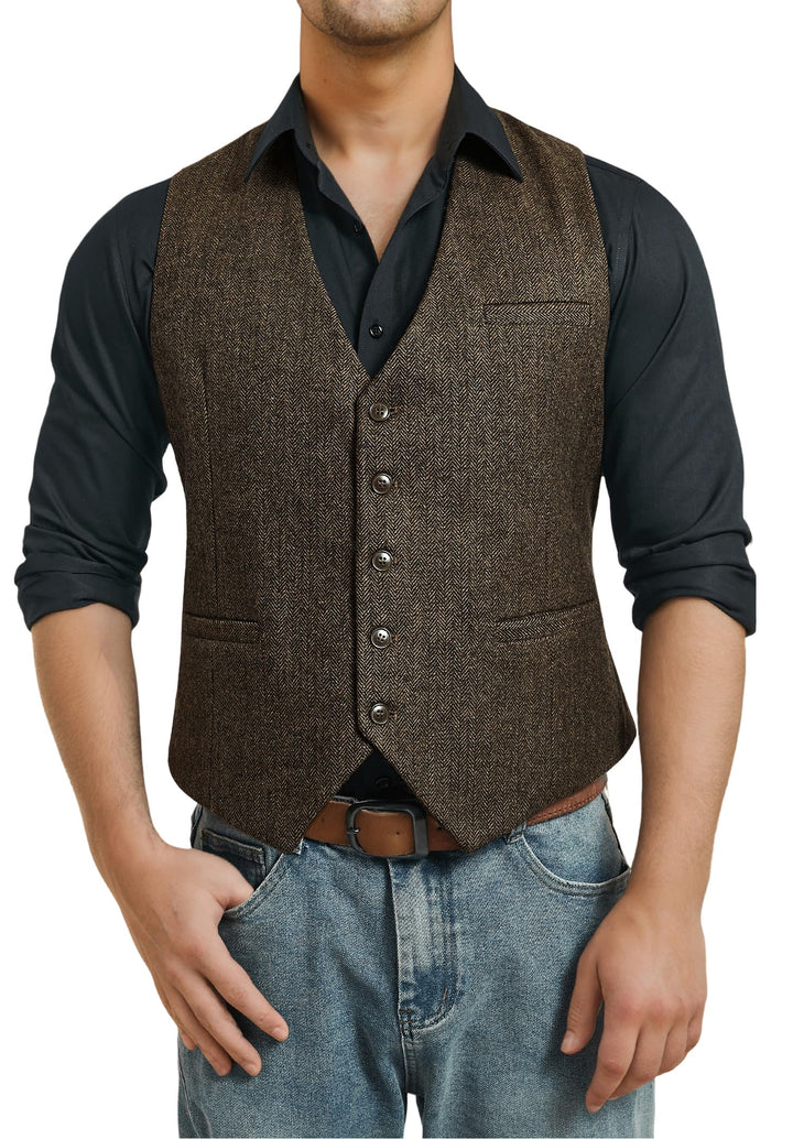 HISDERN Herren Anzugweste Herringbone Weste Hochzeit Herrenweste Formale Tweed Wollweste Classic Bas