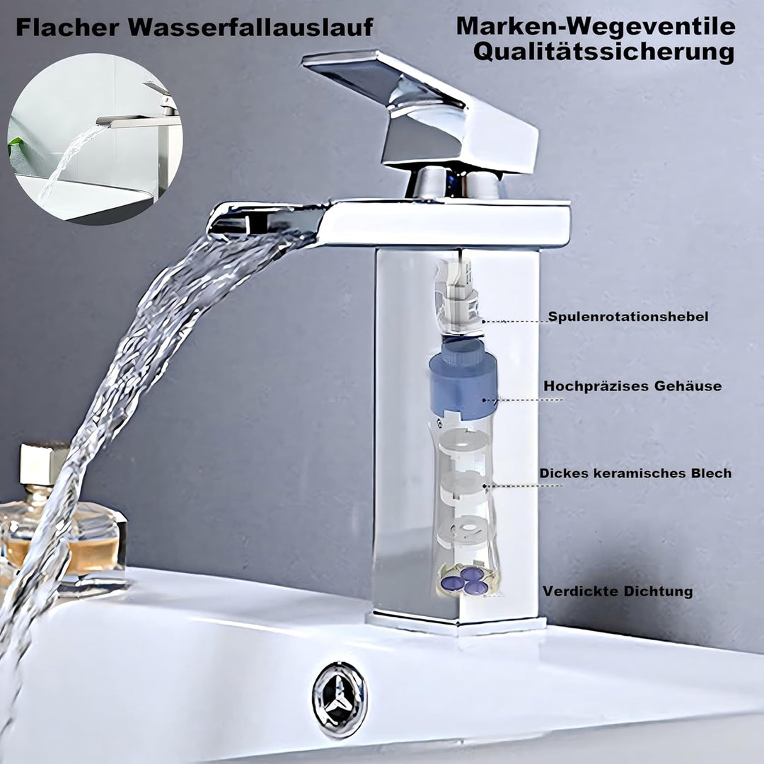 Wasserfall-Badezimmerarmatur, Badezimmerarmatur aus Edelstahl und Messing, Wassersparend, Waschtisch