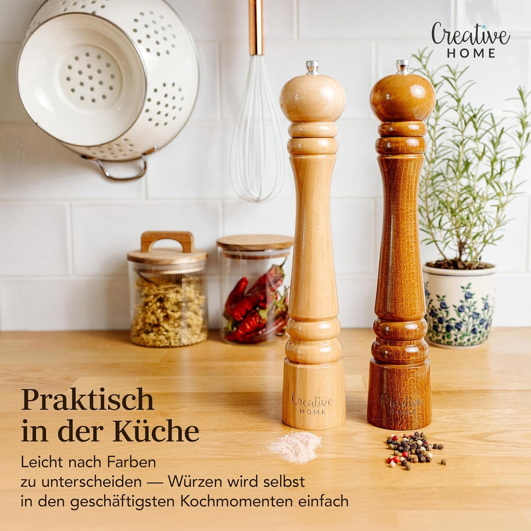 Creative Home Grosse Salz Pfeffermühle Holz | Set von 2 Mühlen mit Mini-Holzschaufel | 31,5cm Höhe |