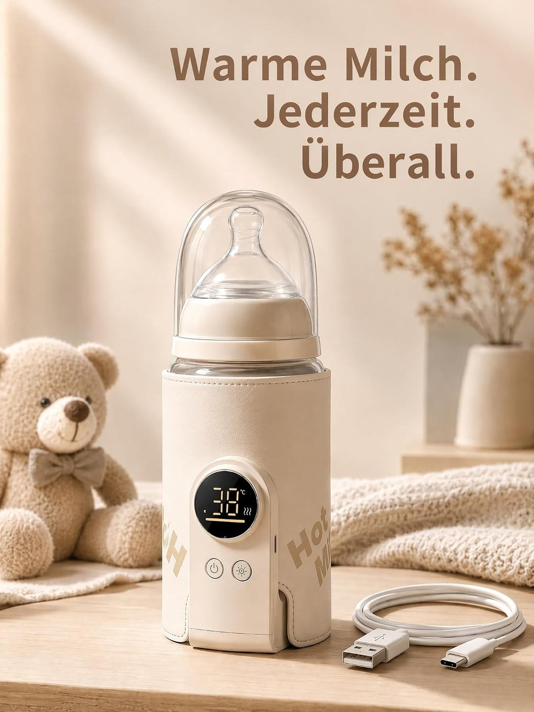 Flaschenwärmer Baby Unterwegs,Tragbarer Flaschenwärmer Baby mit LCD-Display USB-Ladung Babyflaschenw
