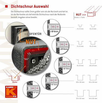 Ofendichtschnur 2,5m inkl. Kleber, Kaminreparaturset in der Grösse 6mm, hochwertige Ofentürdichtschn
