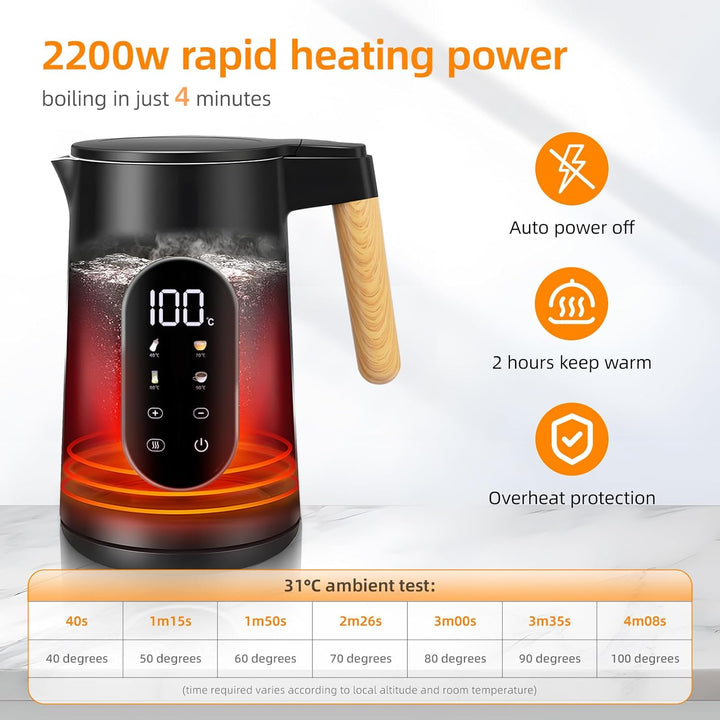 Carehabi Wasserkocher mit Temperatureinstellung 1.7 Liter Wasserkocher Edelstahl Schwarz 40°C-100°C