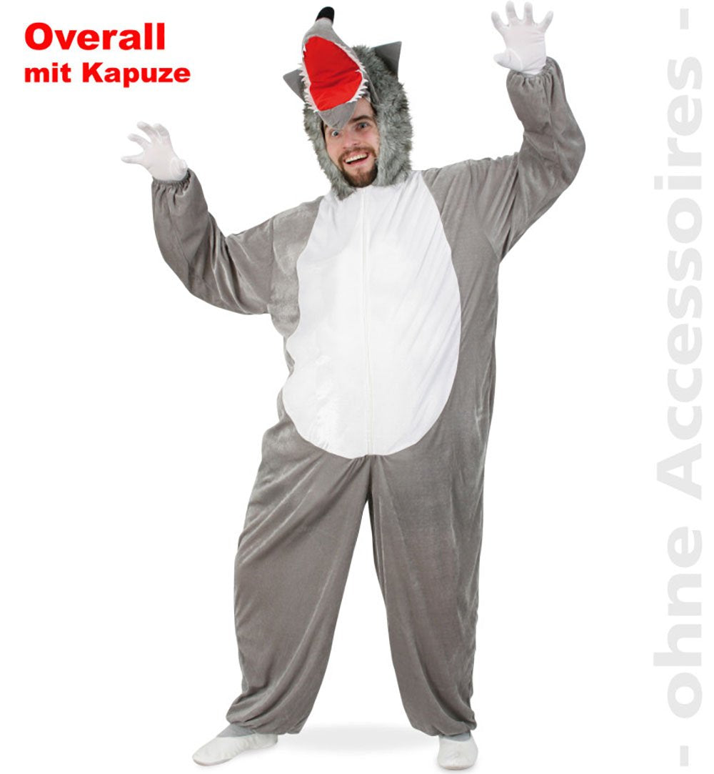 narrenwelt Wolf Tierkostüm Plüsch Overall mit Kapuze Gr L XXL Grau L, Grau L