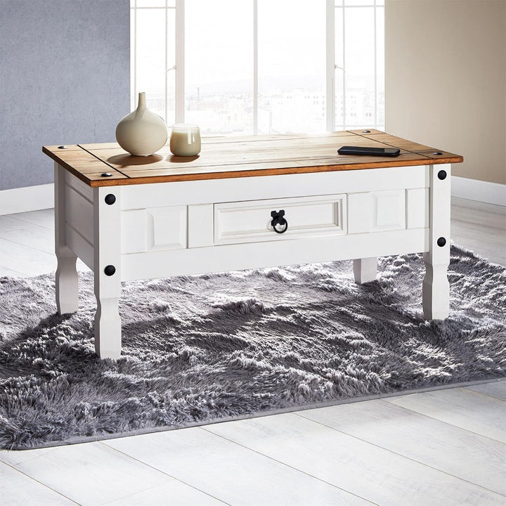 CARO-Möbel Couchtisch Campo im Mexiko-Stil Wohnzimmertisch Beistelltisch Kiefer massiv, braun/weiss