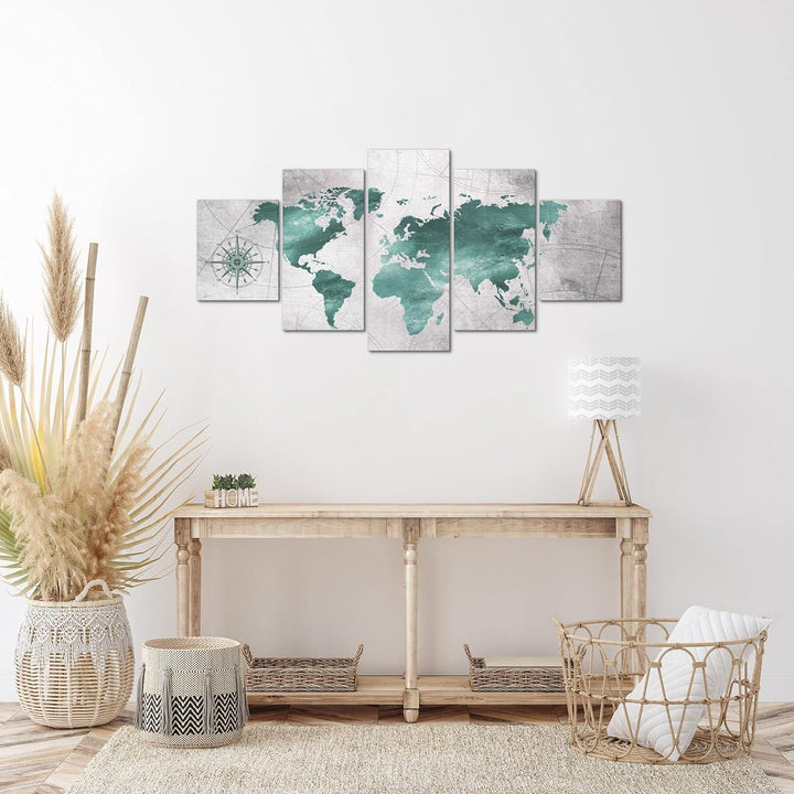 Runa Art Wandbilder Weltkarte 5 Teilig Bild auf Vlies Leinwand Deko Büro Wohnzimmer Betonoptik Schwa