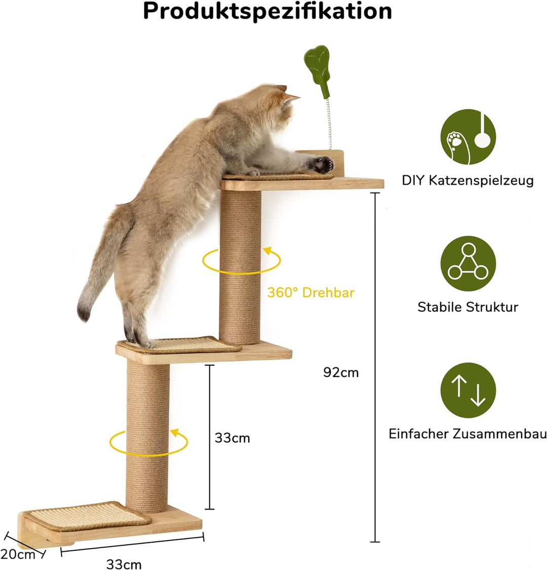 FUKUMARU Kletterwand Katze, Katze Wandregale aus Massives Gummiholz und Jute, 3 in 1 Transformable K