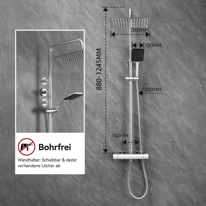 Auralum Thermostat Regendusche Komplettset Chrom Edelstahl mit 30cm Überkopfbrause, Höhenverstellbar
