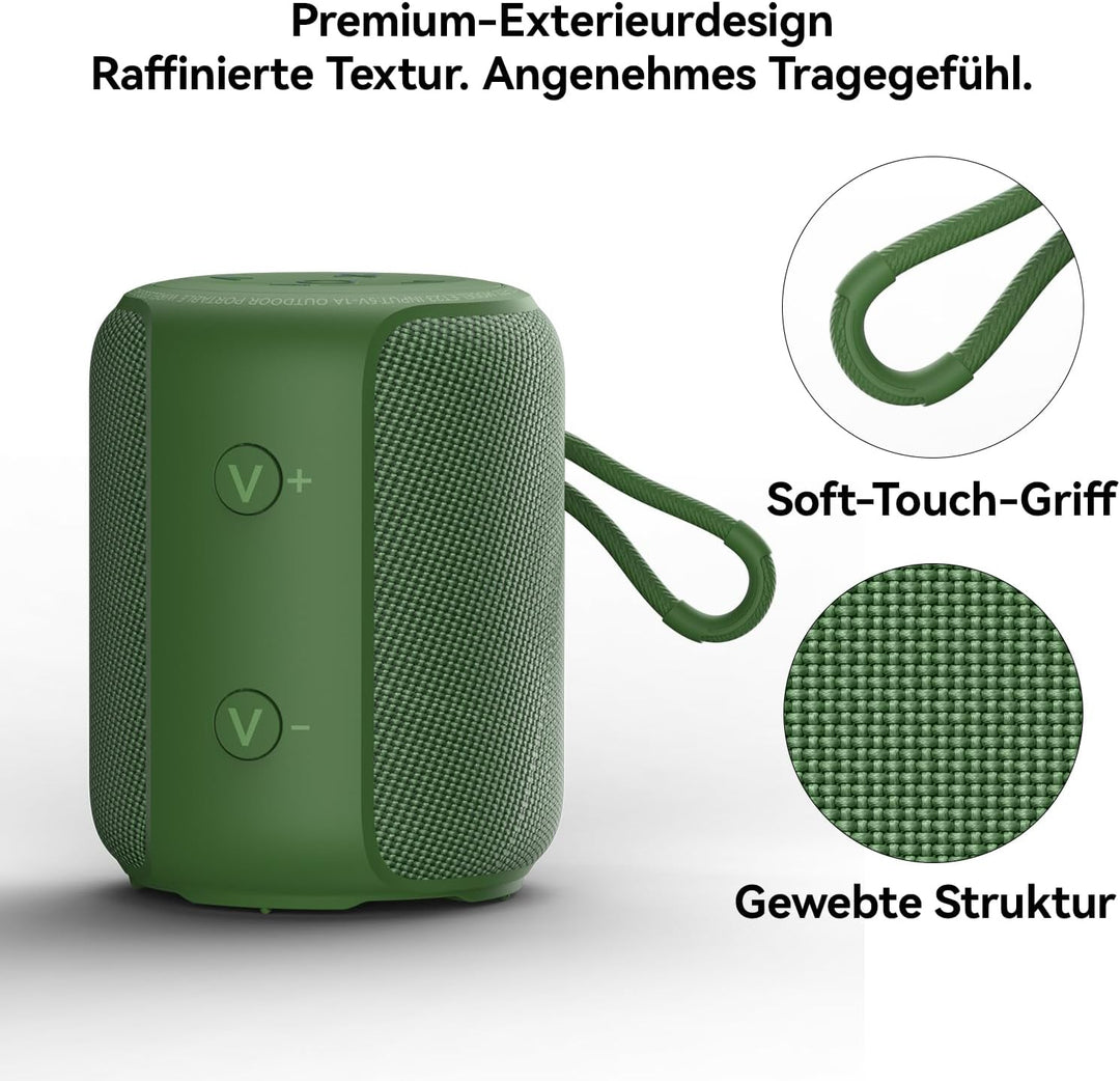 Bobtot Tragbarer Bluetooth-Lautsprecher, 5W IPX6, Grün | TWS Koppelbar, 15 Akku Boxen, Kraftvoller S