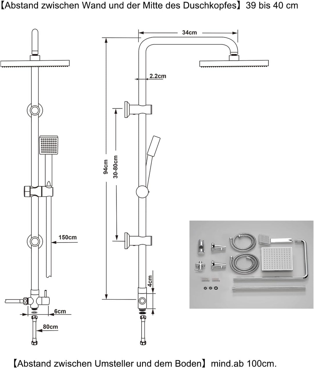 JOHO Edelstahl Regendusche Set, Duschset ohne Armatur, Duschsystem, Überkopfbrause Set, Duschstange