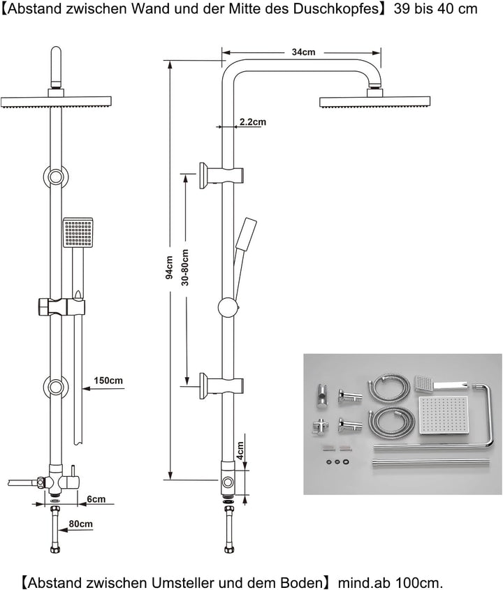 JOHO Edelstahl Regendusche Set, Duschset ohne Armatur, Duschsystem, Überkopfbrause Set, Duschstange