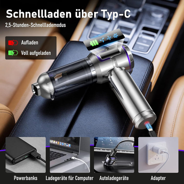 Handstaubsauger Akku,28KPa Mini Kabellos Auto Staubsauger mit LCD Display Silbern, Silbern