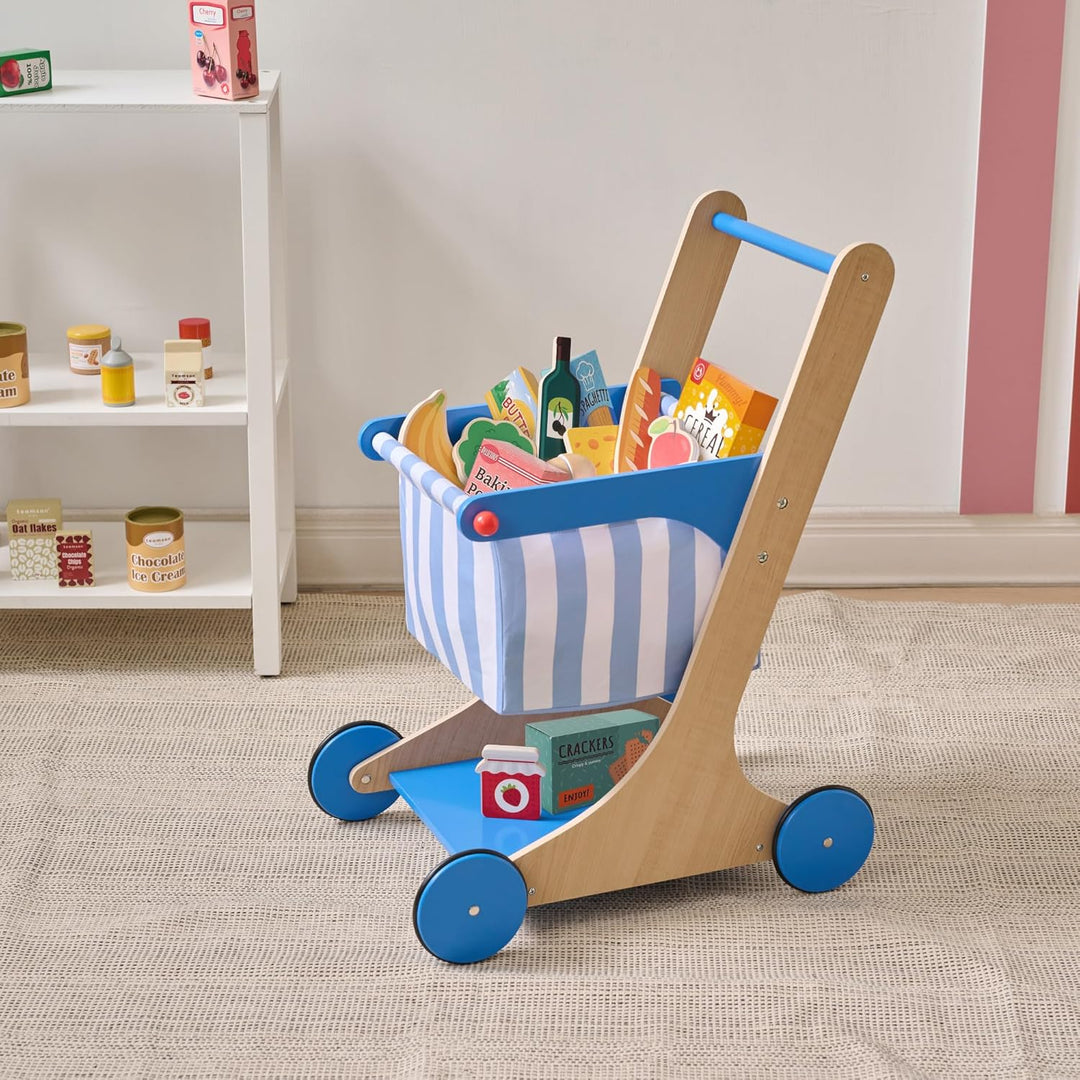 Teamson Kids Holz Einkaufswagen Spielzeug für Kinder mit Zubehör in Blau, Rollenspiel-Laden aus Holz