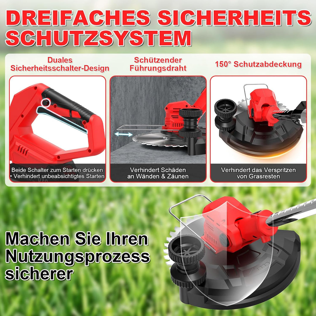 21V Rasentrimmer mit 2×2000mAh Akku und Ladegerät, Akku Freischneider mit 14-Fach Schneidsystem, LCD