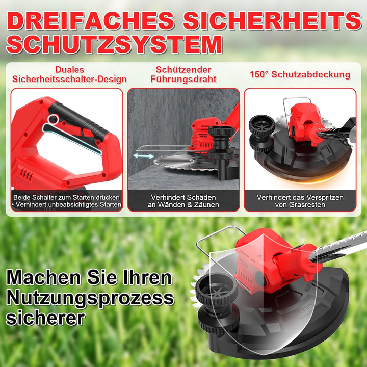 21V Rasentrimmer mit 2×2000mAh Akku und Ladegerät, Akku Freischneider mit 14-Fach Schneidsystem, LCD