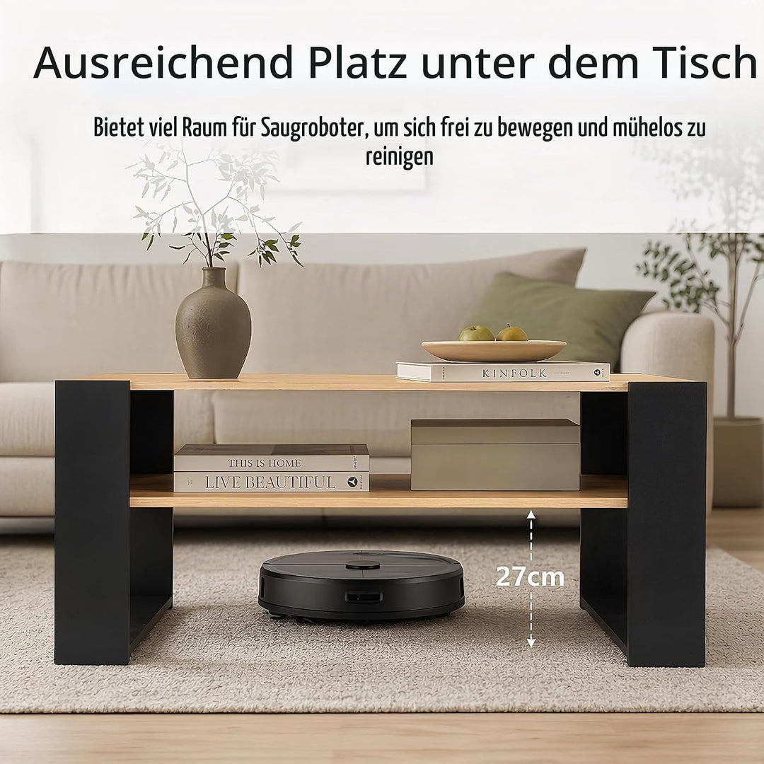 Couchtisch mit LED-Beleuchtung und Stauraum, Wohnzimmertisch Holz, Moderner Sofatisch mit U-förmigen