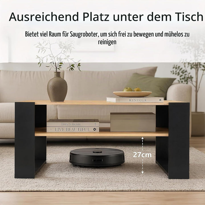 Couchtisch mit LED-Beleuchtung und Stauraum, Wohnzimmertisch Holz, Moderner Sofatisch mit U-förmigen