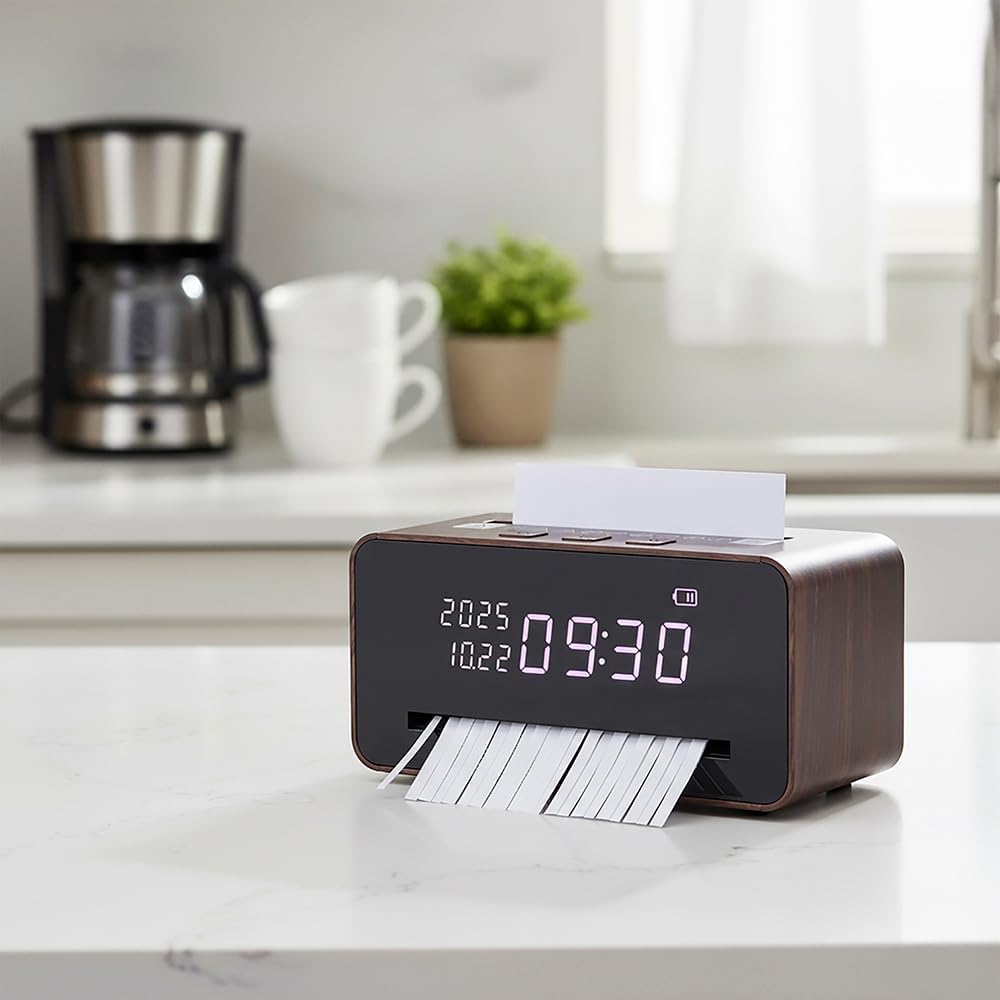 Tisch-Aktenvernichter mit Uhr – Kompakter Mini-Shredder P2, USB-Akku, Digitaluhr mit Datum, Streifen