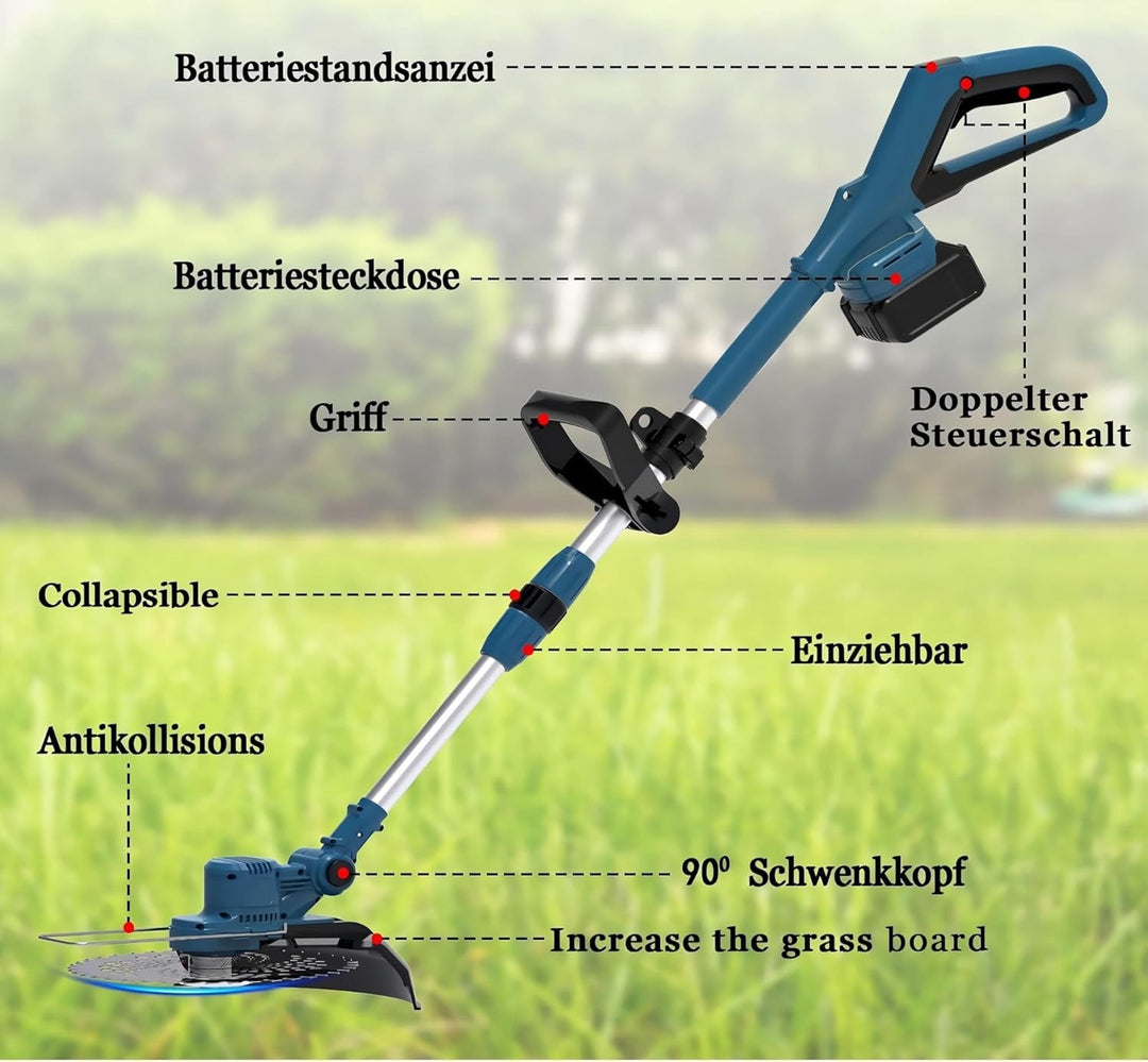 21V Rasentrimmer mit Akku for Makita, Rasentrimmer mit Unkrautbürste. 750w Bürstenloser Motor, 180°