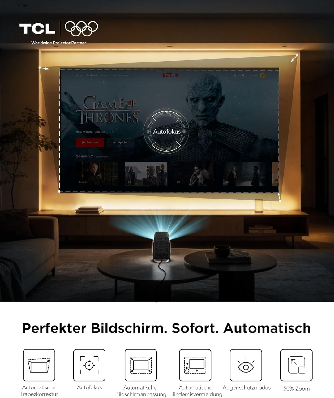 TCL C1 Beamer 4K-kompatibel, Offizielle Google TV (APV/Netflix/Disney), Smart Beamer 1080P Full HD,
