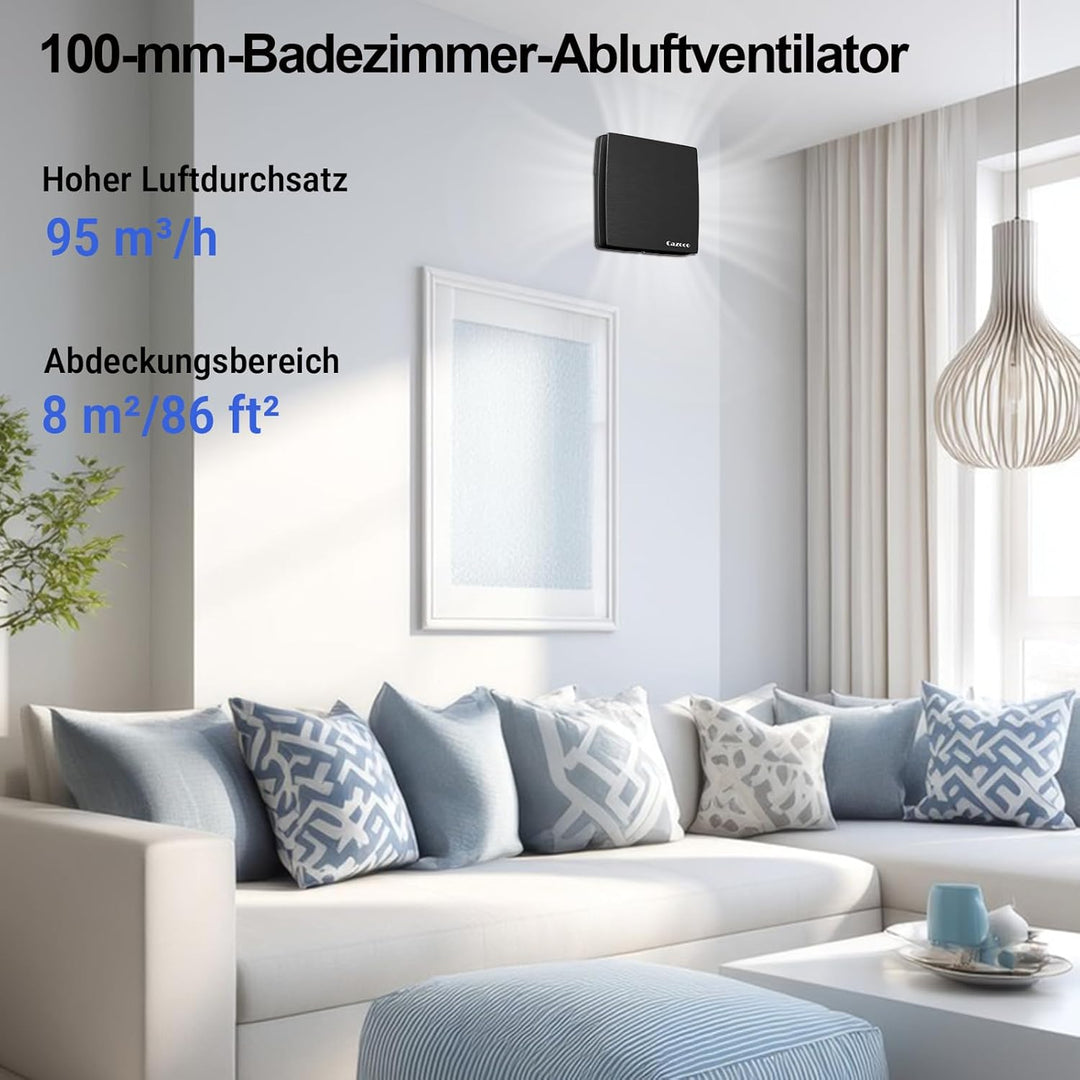Badlüfter 100mm mit Nachlauf, leiser Abluftventilator für Badezimmer, 95m³/h, 34 dB, IPX4 wassergesc