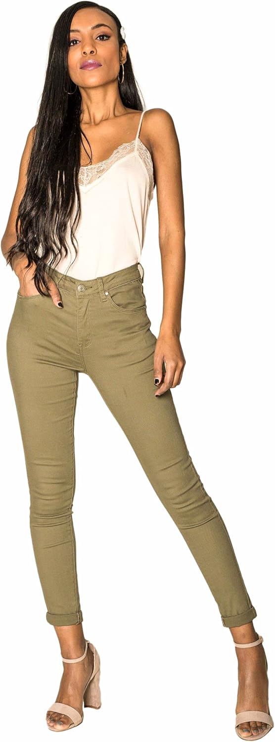 Nina Carter P109 Damen Skinny Fit Jeans High Waist Slim Hose Figurbetonte Stretch Jeanshose S Khaki