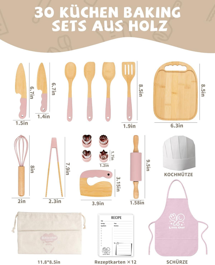 Kindermesser Set – 29-teilig mit sicherem Kiddikutter, Holzmesser Schneidebrett – Montessori Küchens