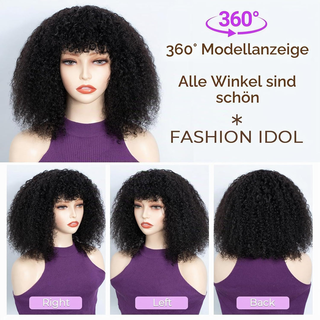 FASHION IDOL Kurzer lockiger Bob Echthaarperücken mit Pony Jerry Curl Brasilianisches Echthaar Keine