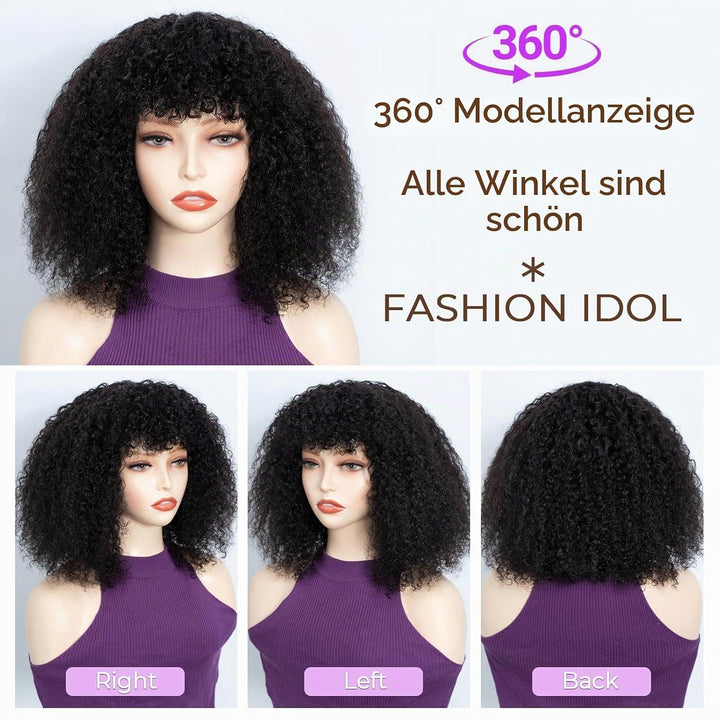 FASHION IDOL Kurzer lockiger Bob Echthaarperücken mit Pony Jerry Curl Brasilianisches Echthaar Keine