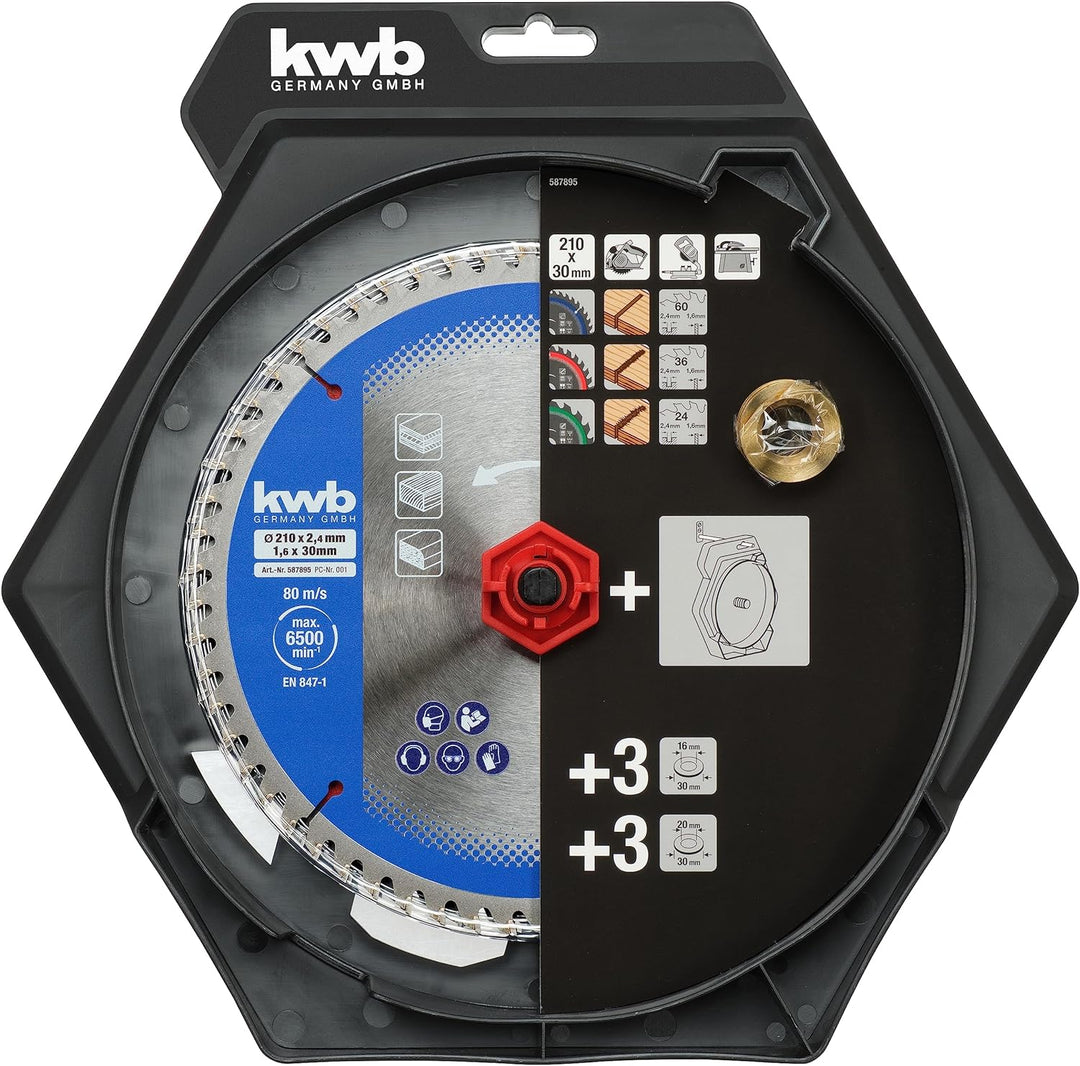 kwb Kreissägeblatt-Satz 210 x 30/20/16 mm für Kreissägen oder Tischkreissägen, für Platten und Holzb