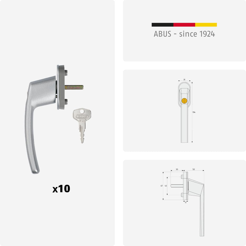 ABUS Abschliessbarer Fenstergriff FG200 AB208 - 10er Set - Fensterknauf mit Druckzylinder, gleichsch