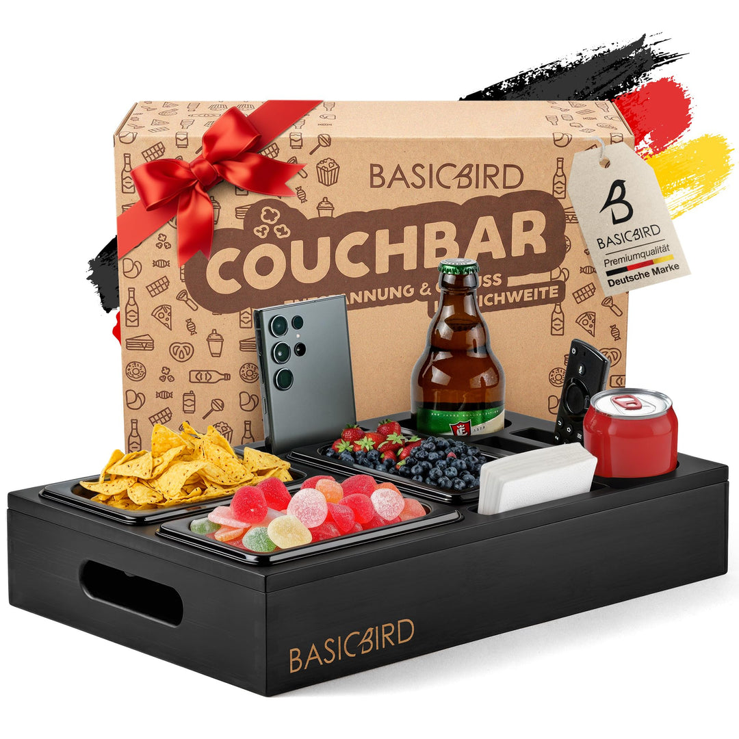 Couchbar Snackbox - Organizer Tablett- Snackspender mit 3X Snackschale - Holz Sofatablett für Sofa,