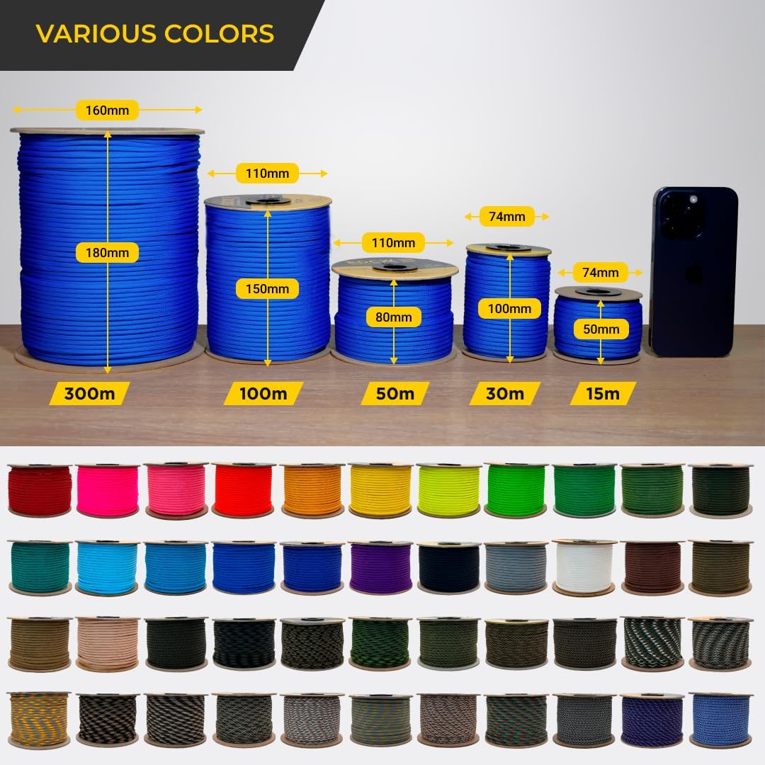 Paracord 4 mm, 20+ Militärfarben (15 m, 30 m, 50 m, 100 m, 300 m) | Ideal zum Basteln, Camping, Outd