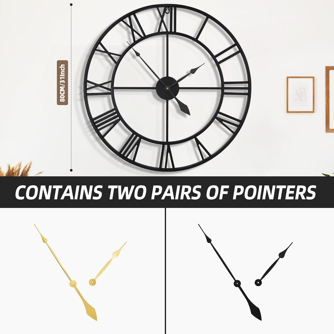 HAITANG 80cm grosse Wanduhr, übergross modernes rundes, schwarz Metall geräuschlos, Fast Nicht ticke