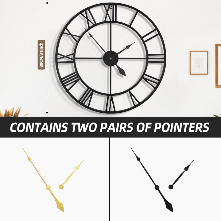 HAITANG 80cm grosse Wanduhr, übergross modernes rundes, schwarz Metall geräuschlos, Fast Nicht ticke