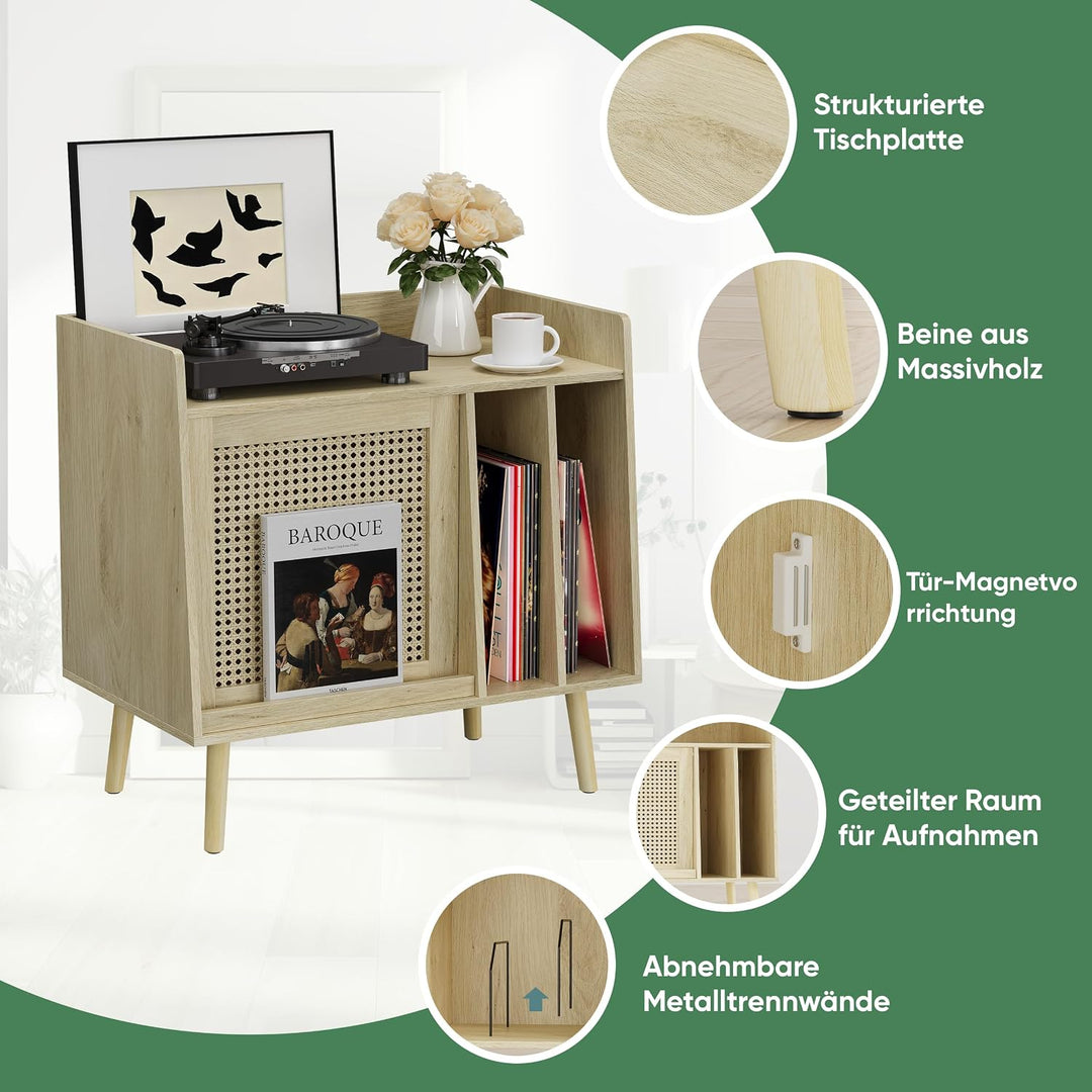 Kiasthome Schallplattenschrank Hellholz mit Rattan, Niedriger Vinyl Schrank mit 2 Vinyl-Fächern &amp; Ra