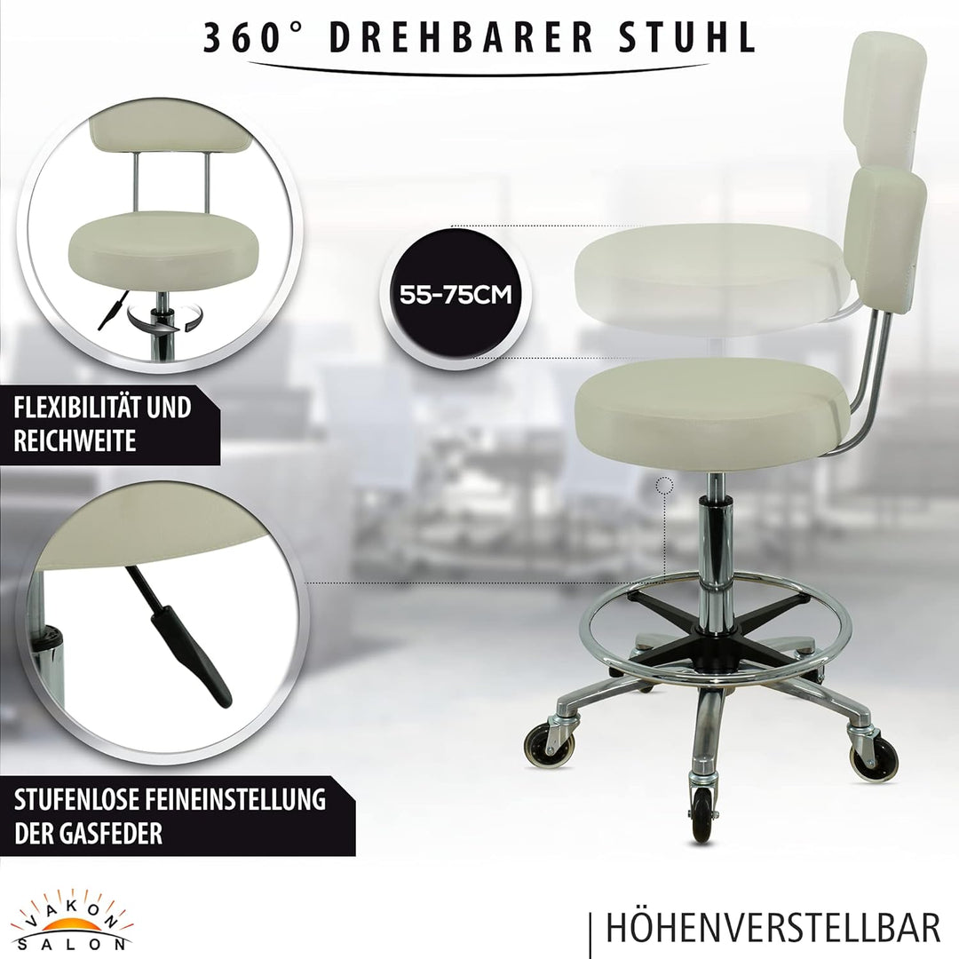 Premium Rollhocker in Weiss mit Lehne und Fussring - Höhenverstellbar 55-75 cm - Rundsitz Drehhocker
