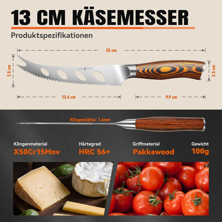 TUO Käsemesser mit Pakkaholz-Griff, Klingenlänge: 12,7cm, Gezahntes Käsepresser aus Deutschem Edelst